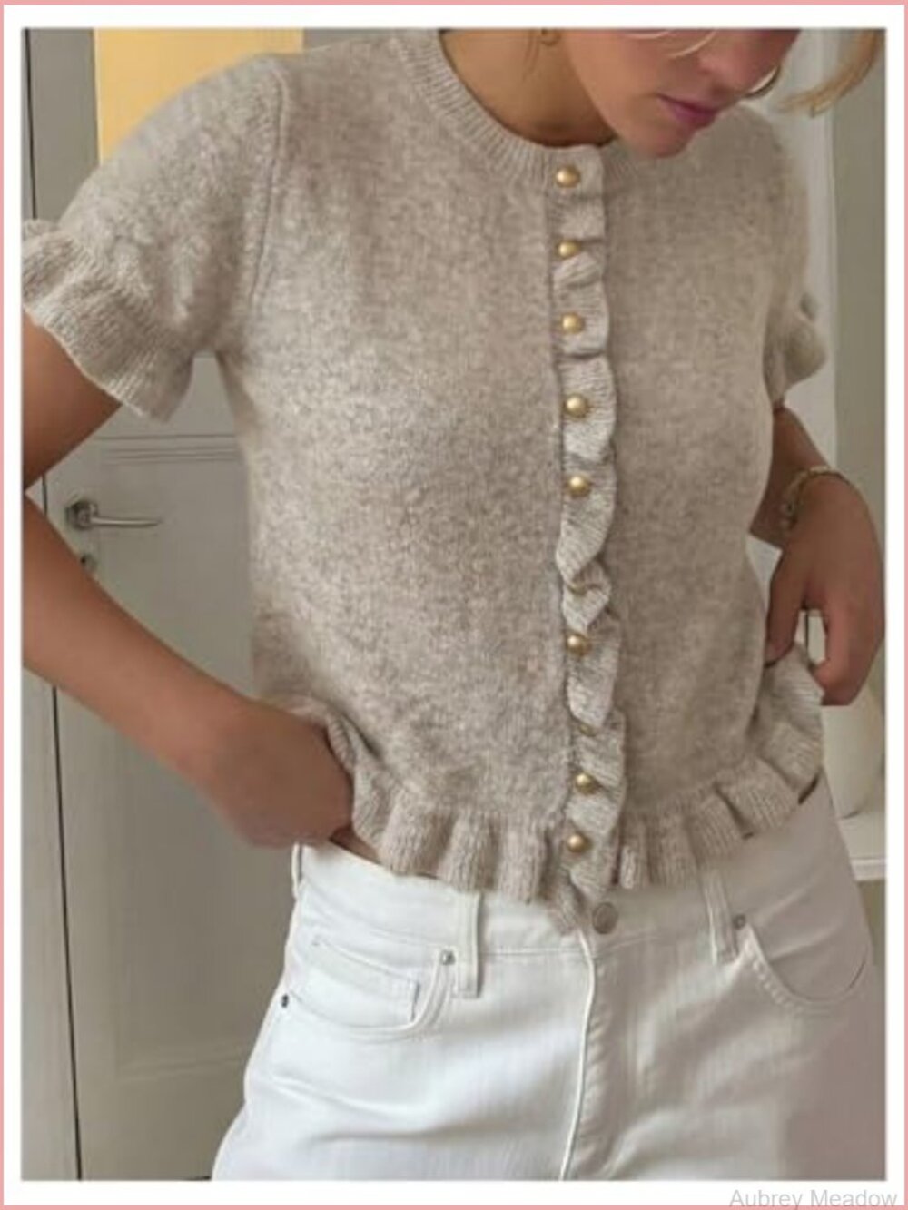 Short Sleeve Cropped Ruffle Cardigan Sweater Women's Dressy Lightweight Knit Top - Picture 2 of 6